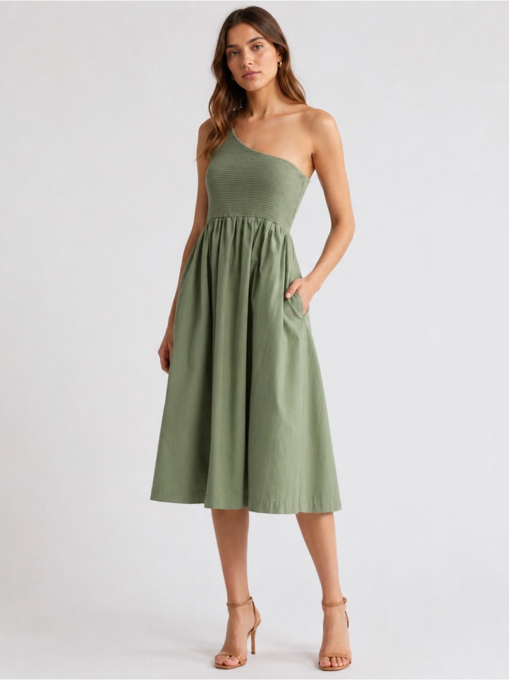 NATION $248 Connie One Shoulder Smocked Midi Dress - Sea spray